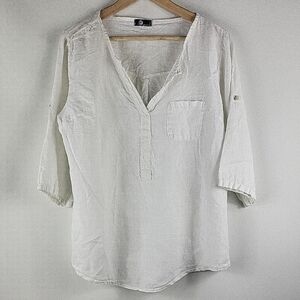 Breathable White V-Neck Linen Shirt, 3/4 Sleeves
